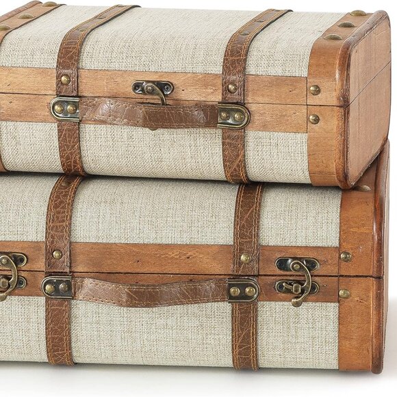 Wooden Vintage Suitcases - Set of 2, Retro Luggage Décor, Antique Decorative Sto
